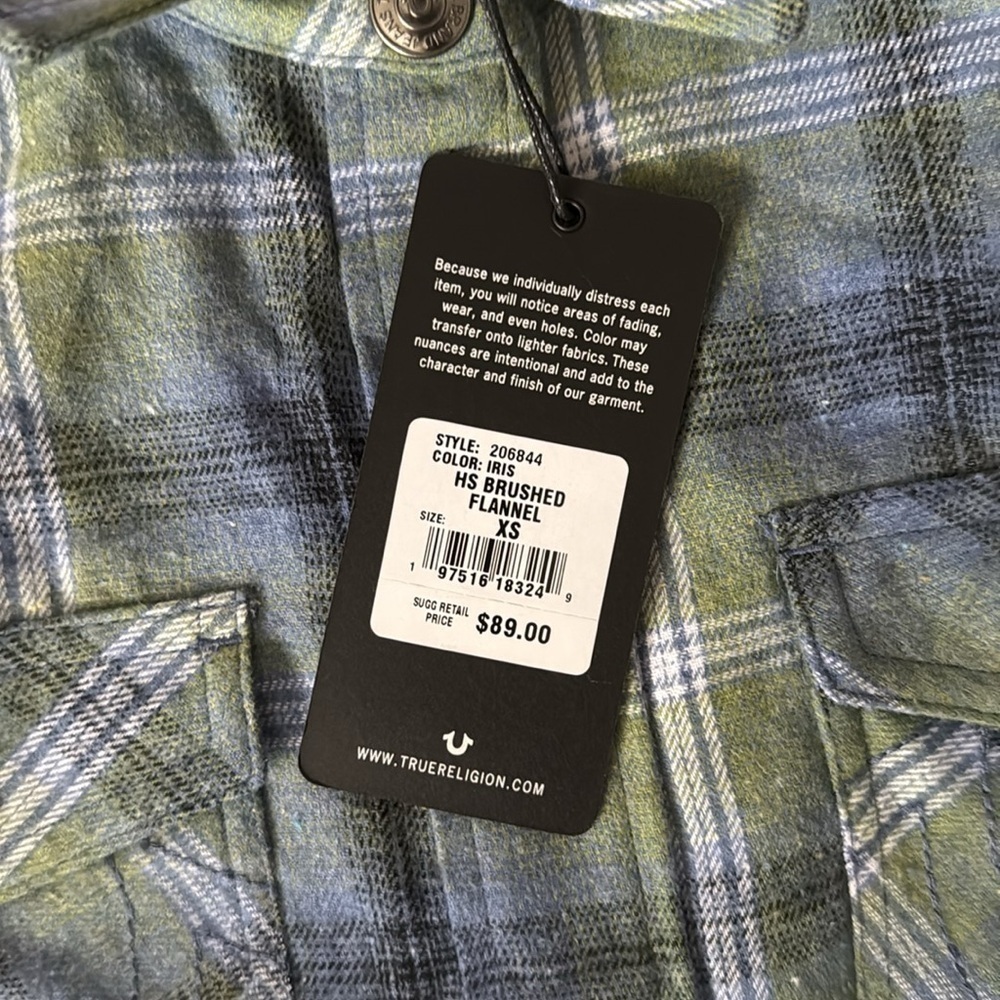 TRUE RELIGION HS Brushed Flannel Womens Button Up Long Sleeve Iris Green Blue XS - Picture 7 of 9